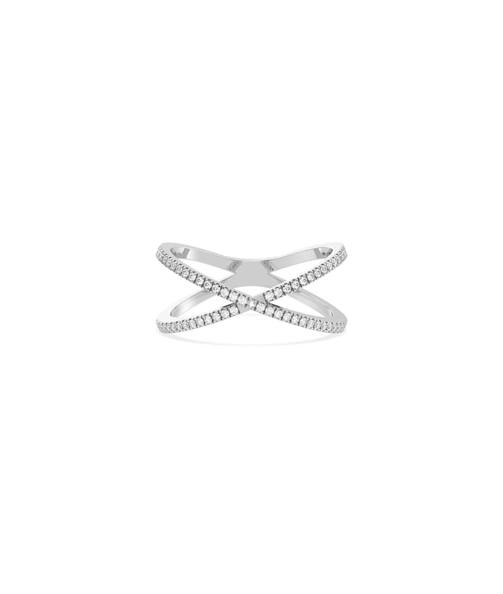 Diamond Line Criss Cross Ring in white gold featuring geometric criss-cross with diamonds