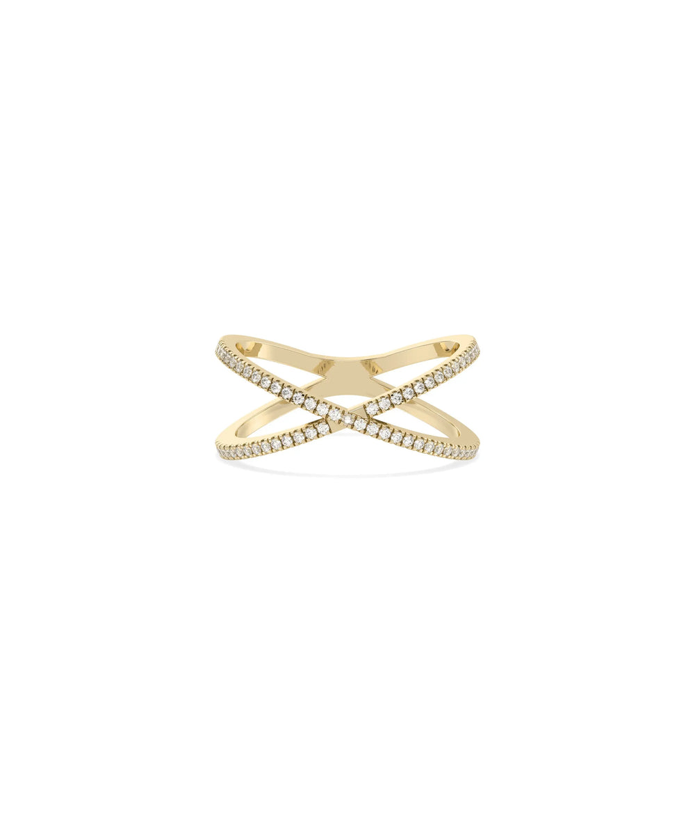Diamond Line Criss Cross Ring in yellow gold with X-shaped intersecting diamond lines
