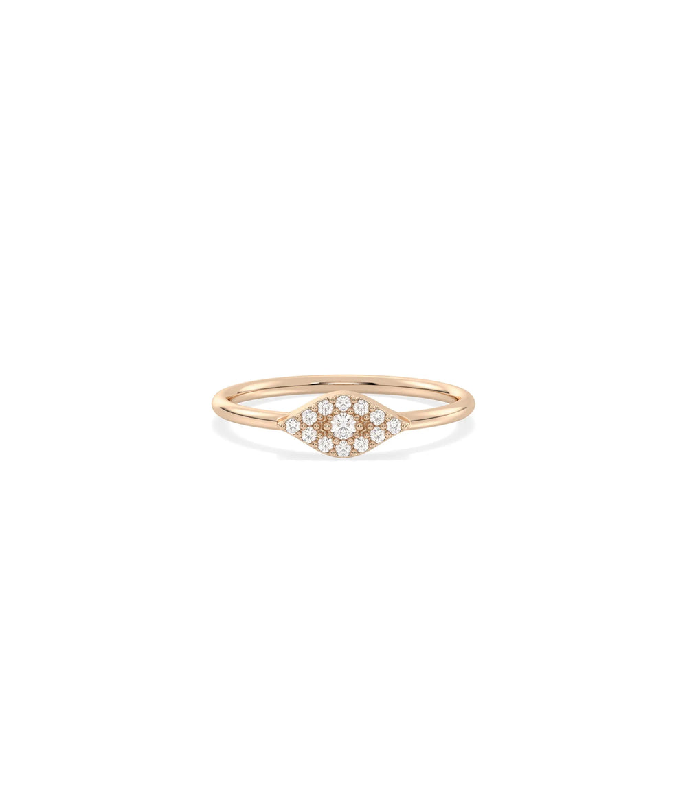 Rose gold evil eye ring featuring ancient protective charm with diamonds