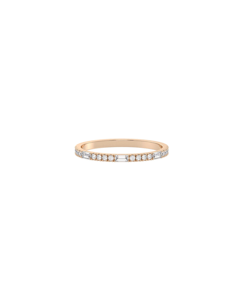 Rose gold band ring featuring round brilliant and baguette diamond combination