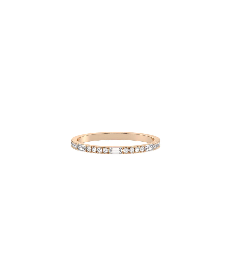 Rose gold band ring featuring round brilliant and baguette diamond combination
