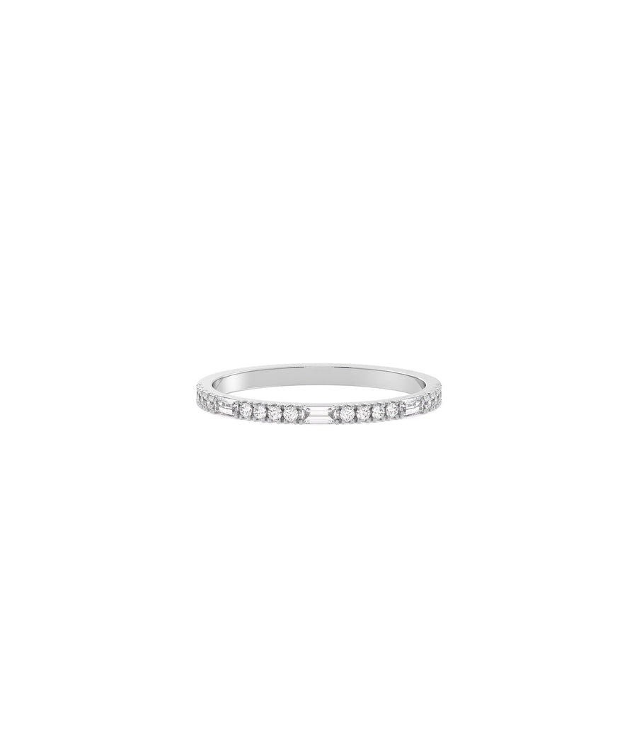 Diamond Round and Baguette Band Ring white gold with elegant dual-cut design