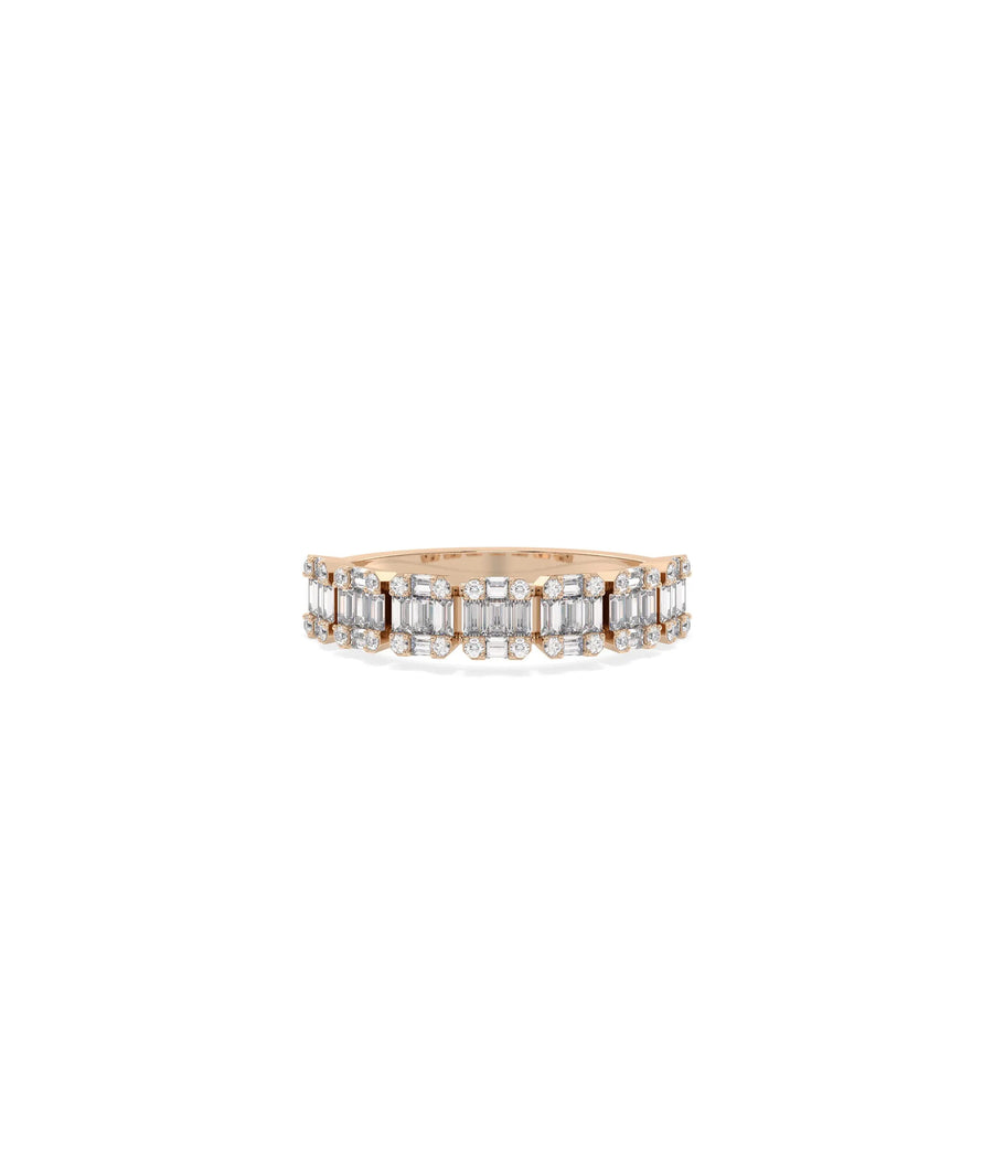 Rose gold illusion band ring featuring innovative reflective setting design