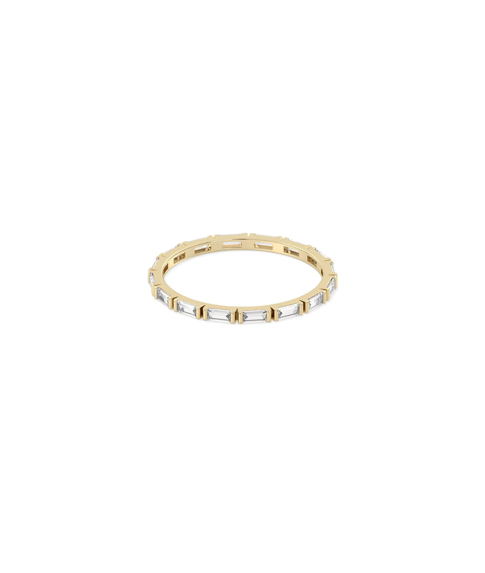 Baguette eternity ring side view displaying delicate 1.5mm width and linear design