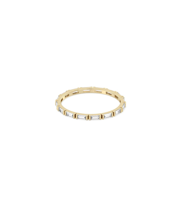 Baguette eternity ring side view displaying delicate 1.5mm width and linear design alternate view