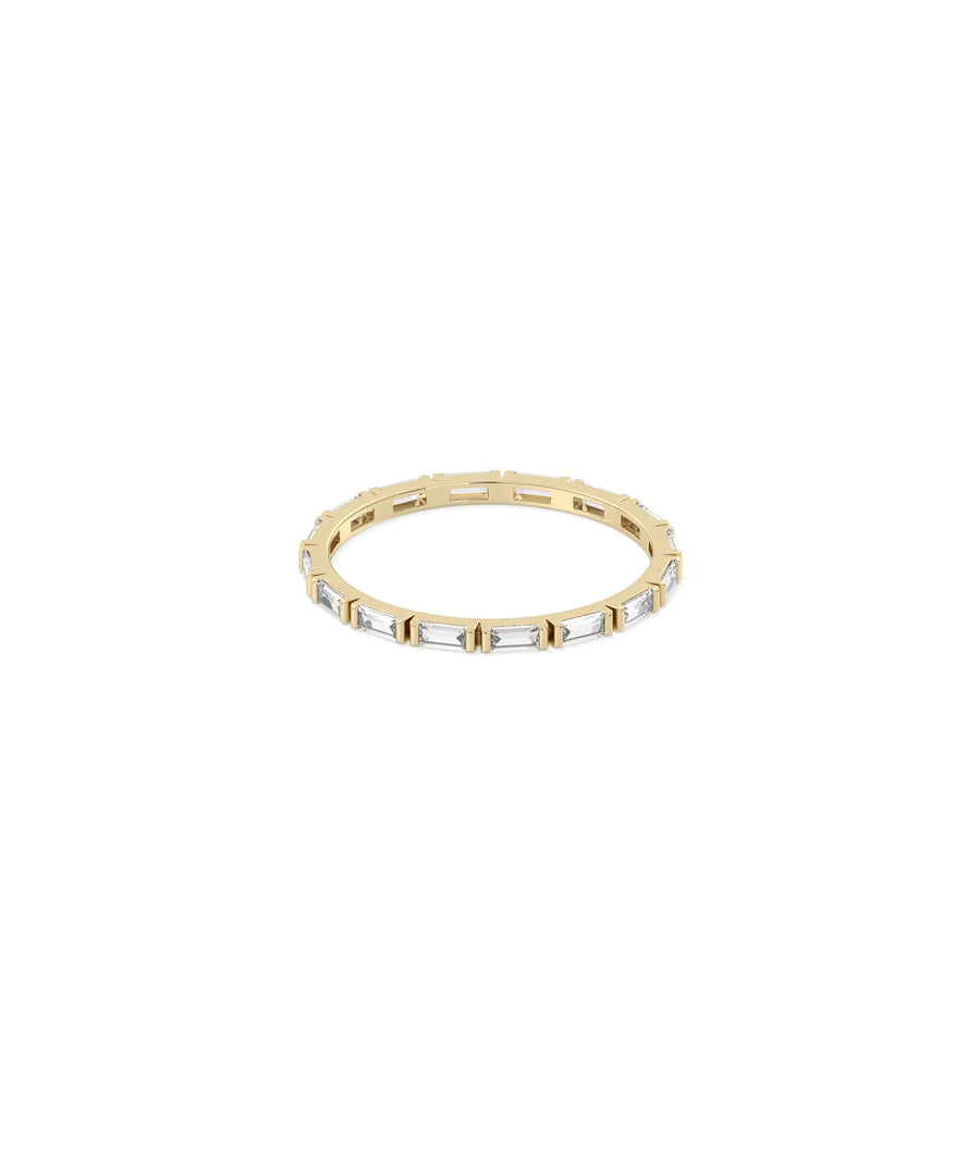 Baguette eternity ring side view displaying delicate 1.5mm width and linear design