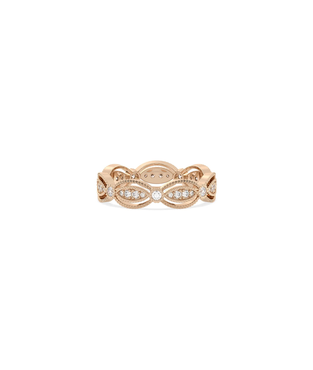 Rose gold eternity band ring featuring elegant oval-shaped diamonds