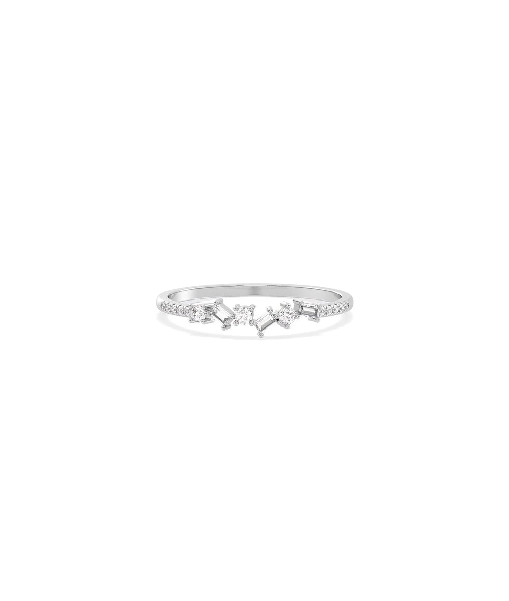 White gold Diamond Multi Shape Cluster Band Ring featuring artistic varied diamond shapes