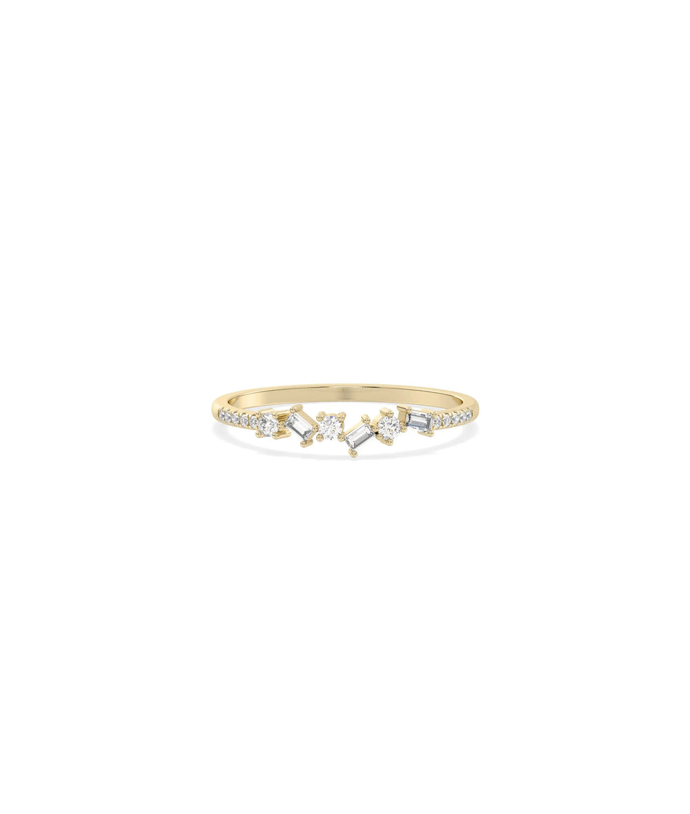 Diamond Multi Shape Cluster Band Ring in yellow gold with mixed diamond cuts clustered