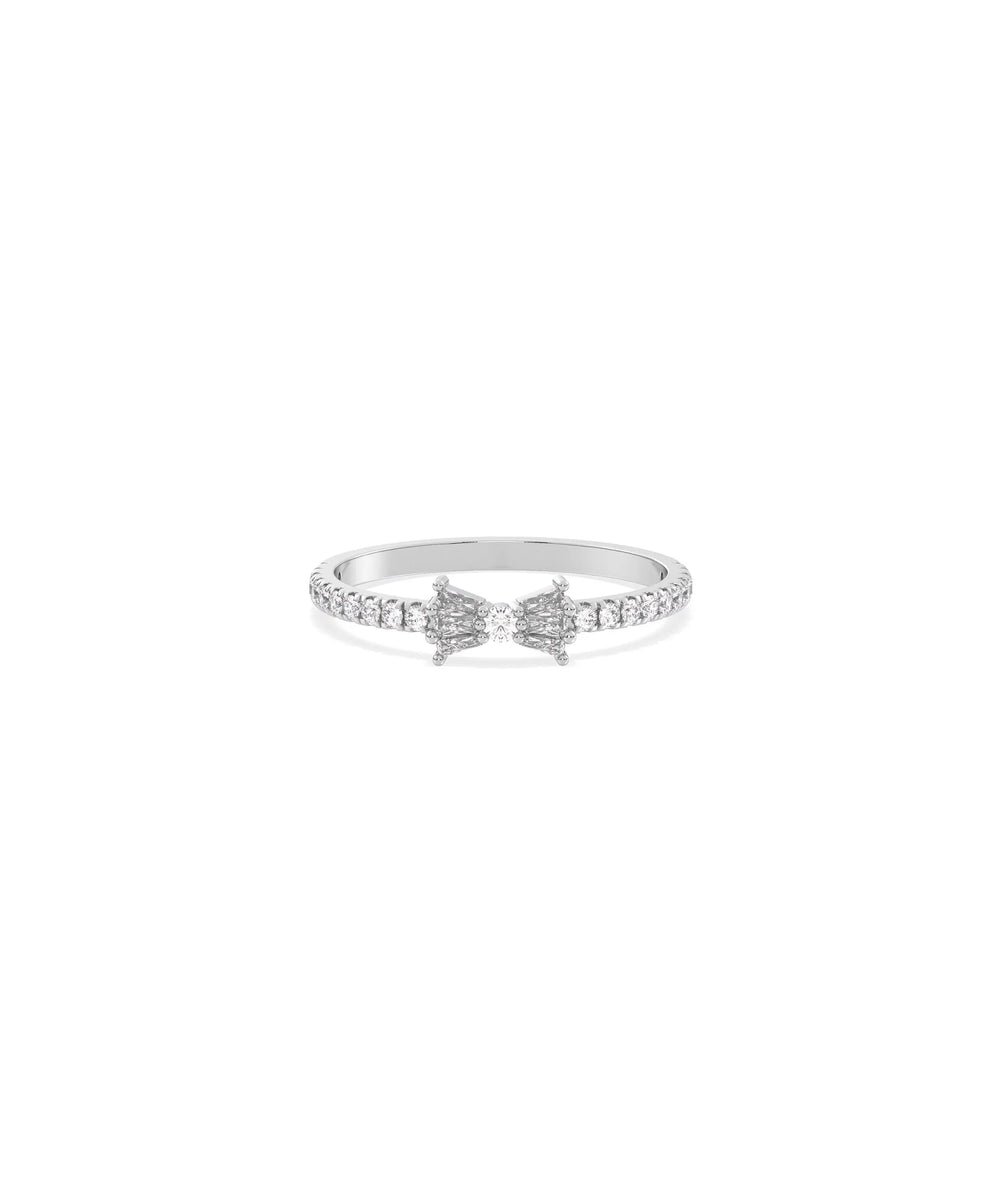 White gold Diamond Bow Tie Band Ring featuring playful diamond-adorned bow design