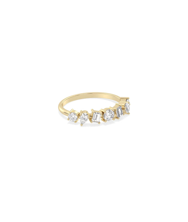 Side view of Multi Shape Solitaire Diamond Band Ring showing delicate 1.5mm width alternate view