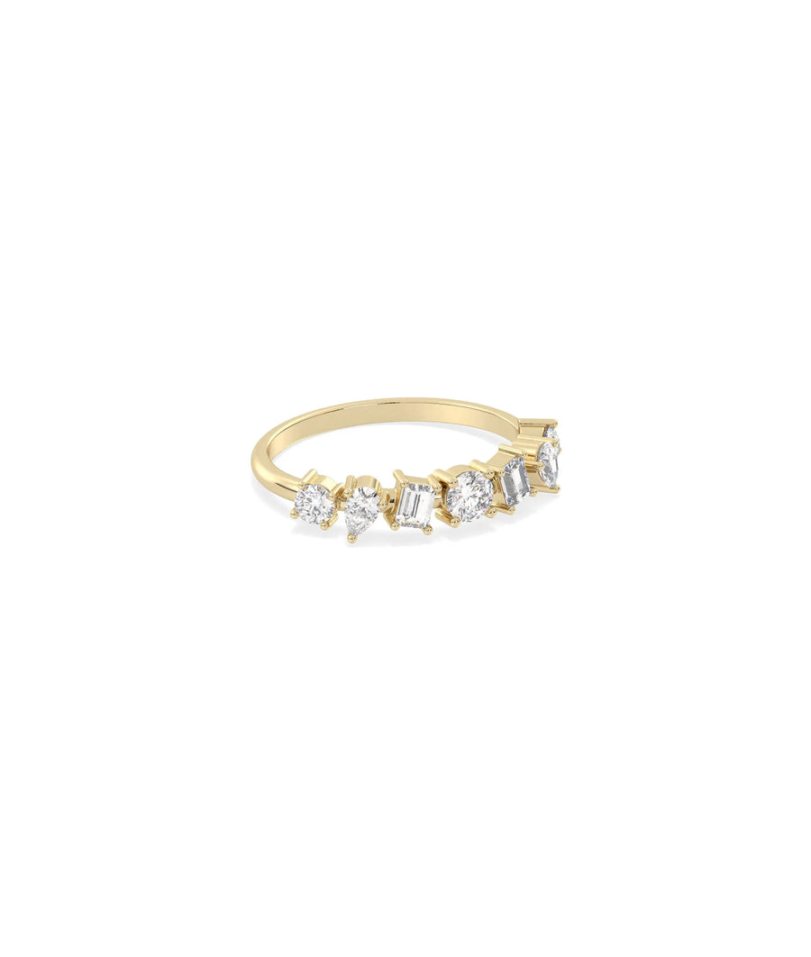 Side view of Multi Shape Solitaire Diamond Band Ring showing delicate 1.5mm width