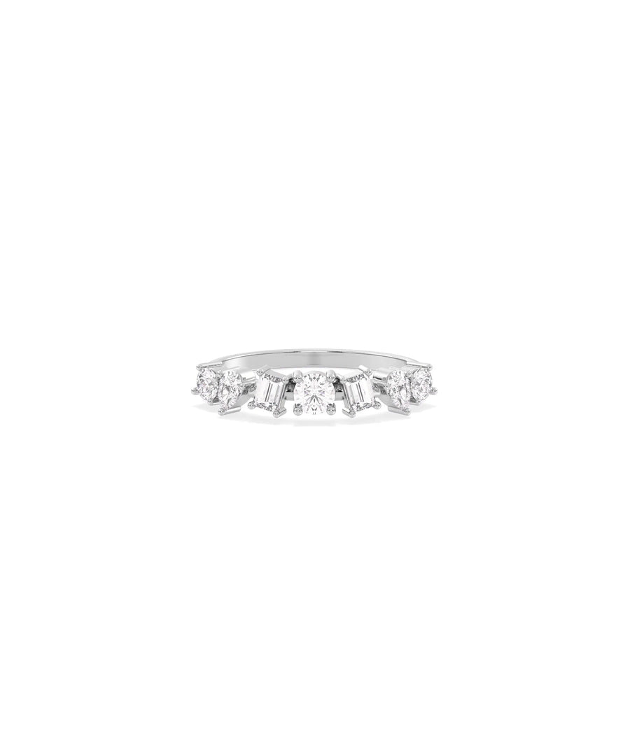 White gold Multi Shape Solitaire Diamond Band Ring featuring mixed diamond shapes