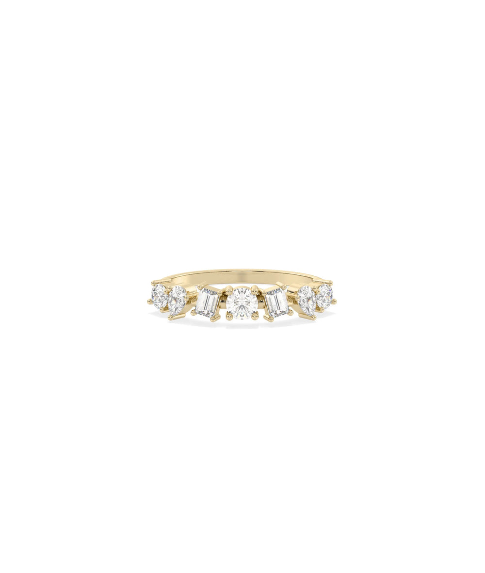 Multi Shape Solitaire Diamond Band Ring in yellow gold with varied diamond cuts