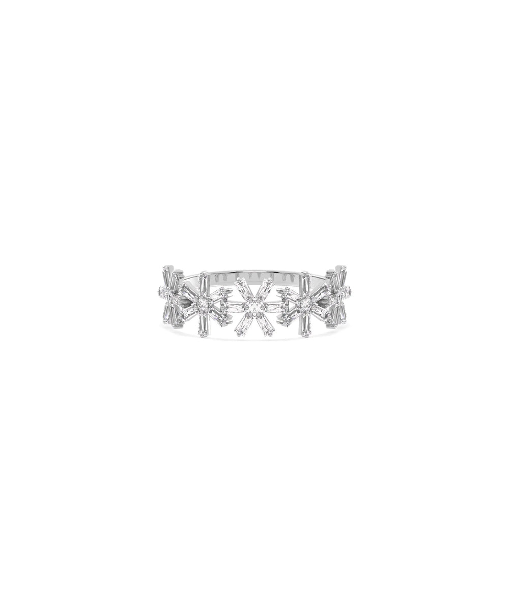 White gold Diamond Flower Band Ring featuring baguette and round diamond flower motif
