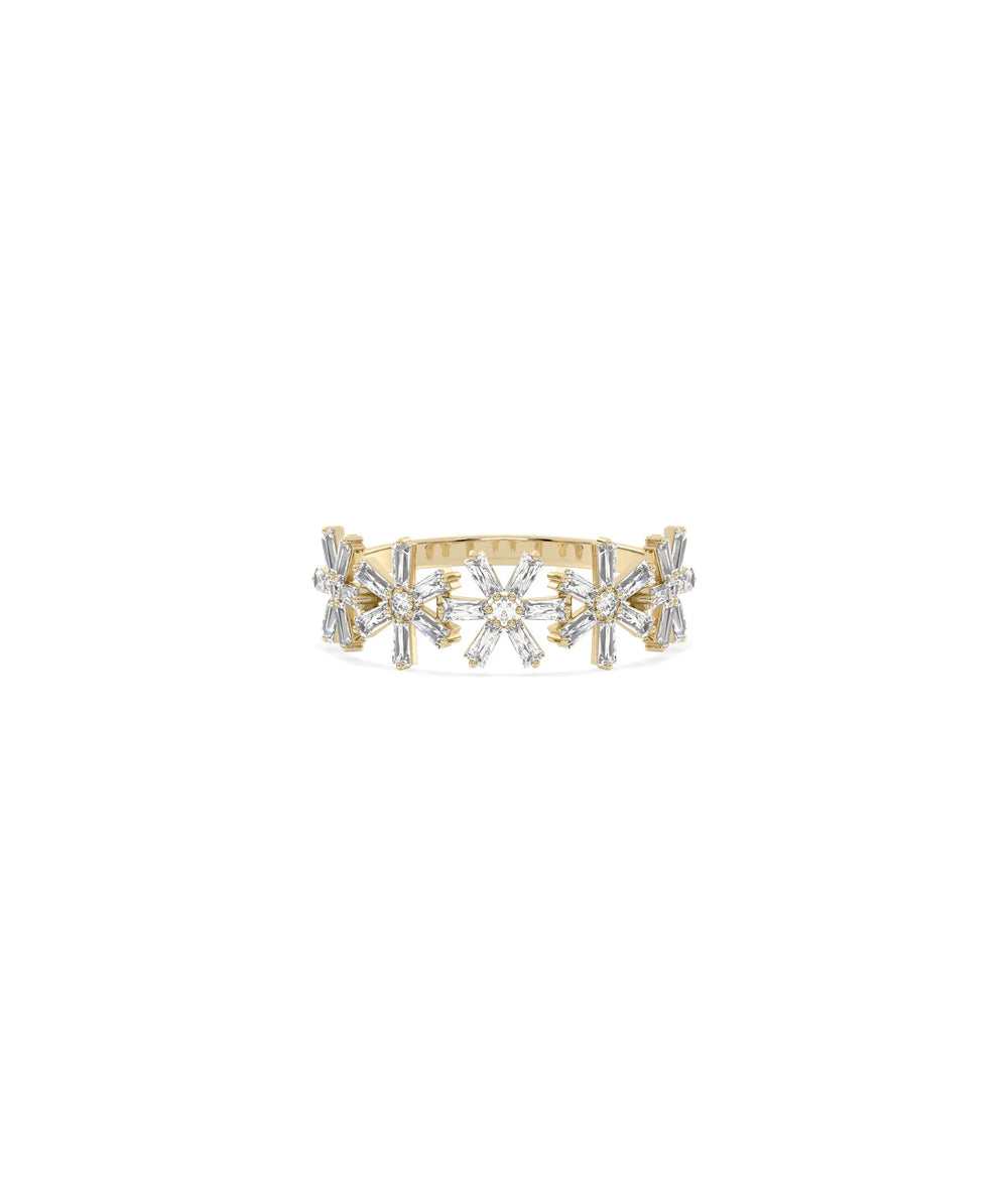 Diamond Flower Band Ring in yellow gold with botanical floral design and mixed diamonds