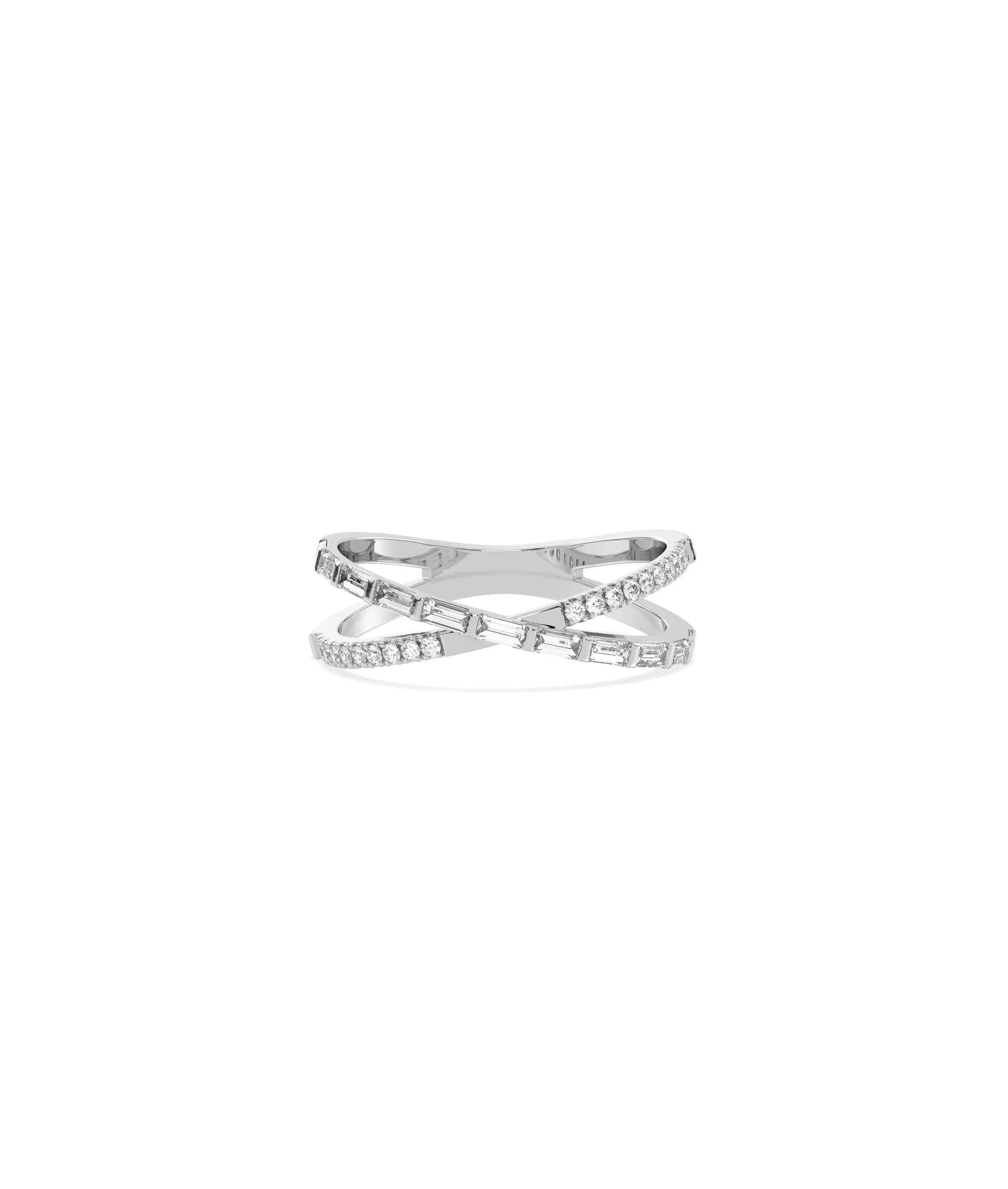White gold Diamond Criss Cross Ring featuring round and baguette diamond contrast