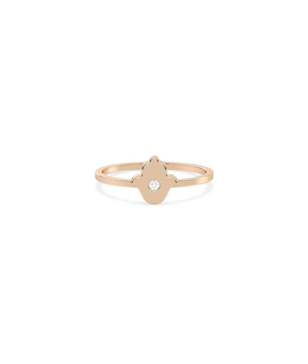 Rose gold Diamond Bezel Hamsa Ring with ancient protection symbol and sparkle
