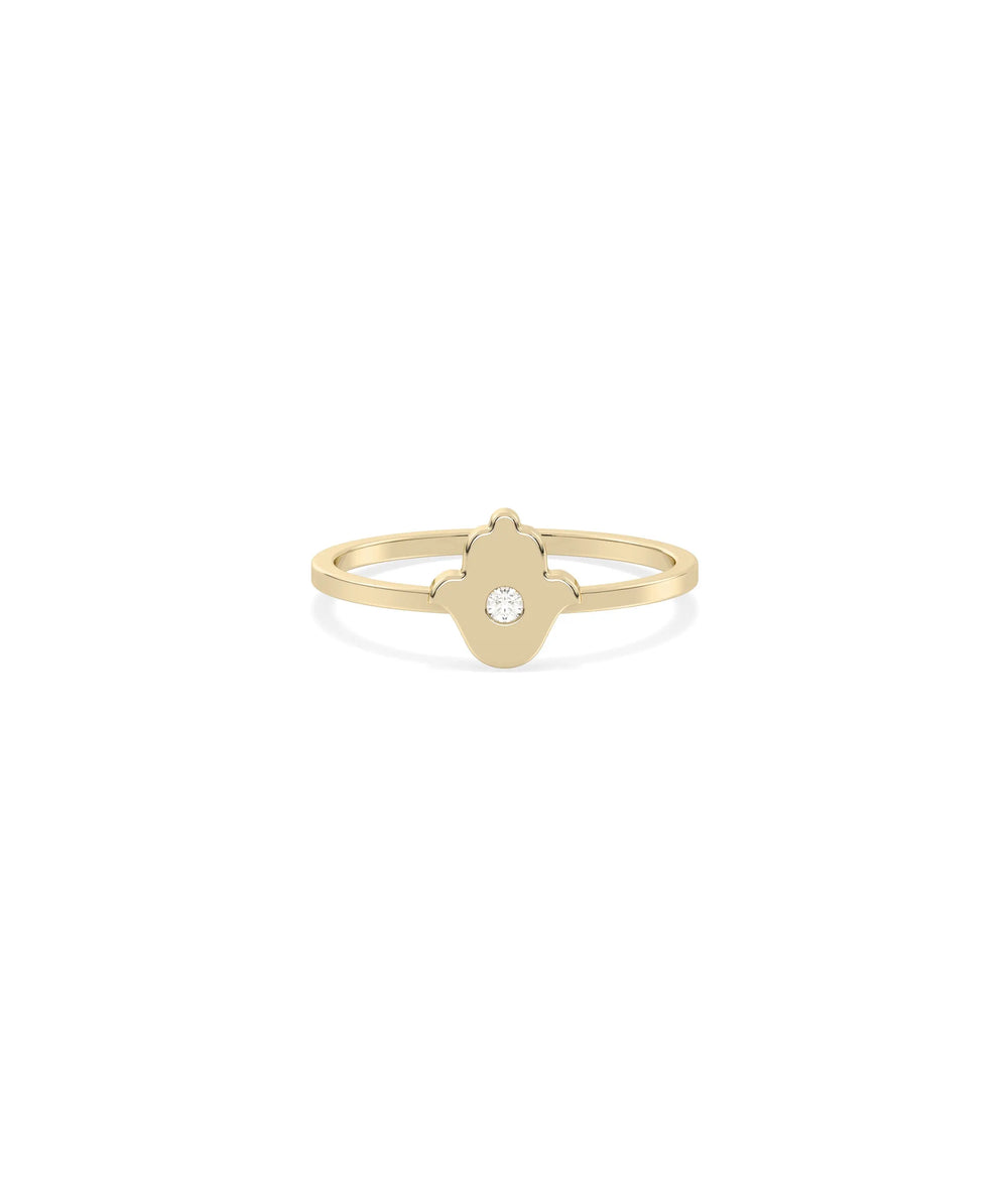 Diamond Bezel Hamsa Ring in yellow gold with protective hamsa hand symbol