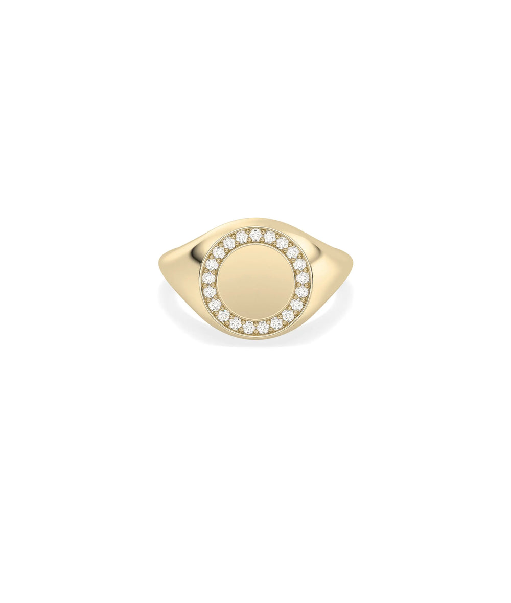 Diamond Outline Circle Signet Ring in yellow gold with 14mm diamond-framed circle