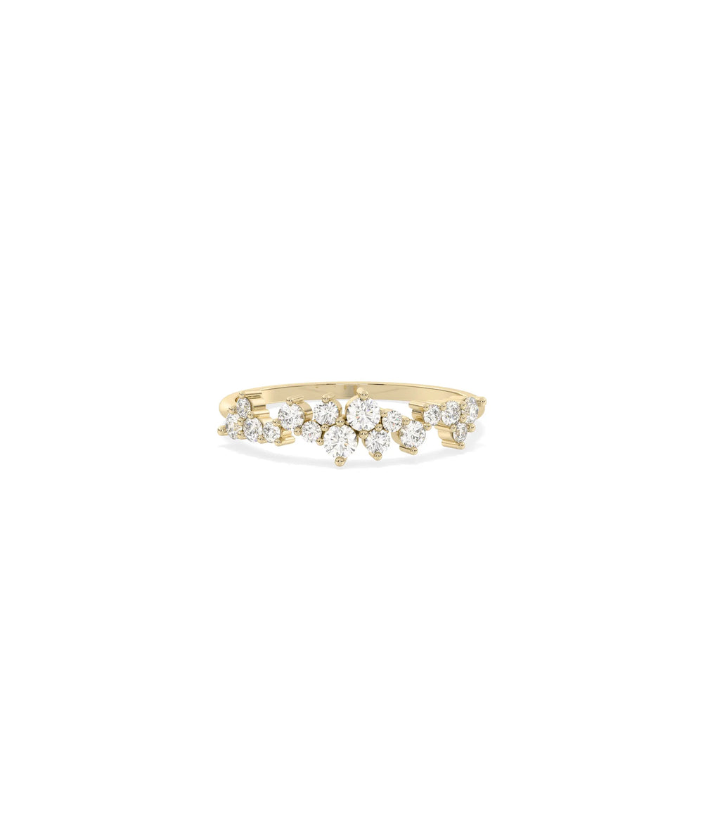 Diamond Cluster Band Ring in yellow gold with grouped diamonds on wide 6mm band