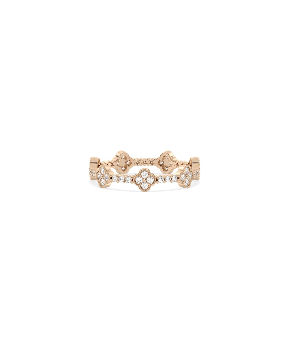 Rose gold Diamond Clover Station Eternity Band Ring with continuous clover pattern