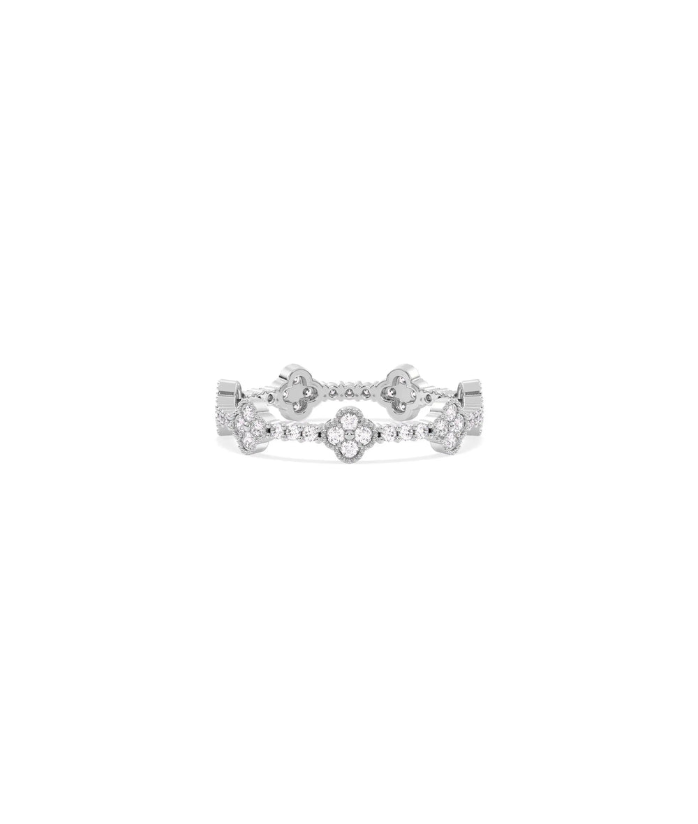 White gold Diamond Clover Station Eternity Band Ring featuring diamond-adorned clovers