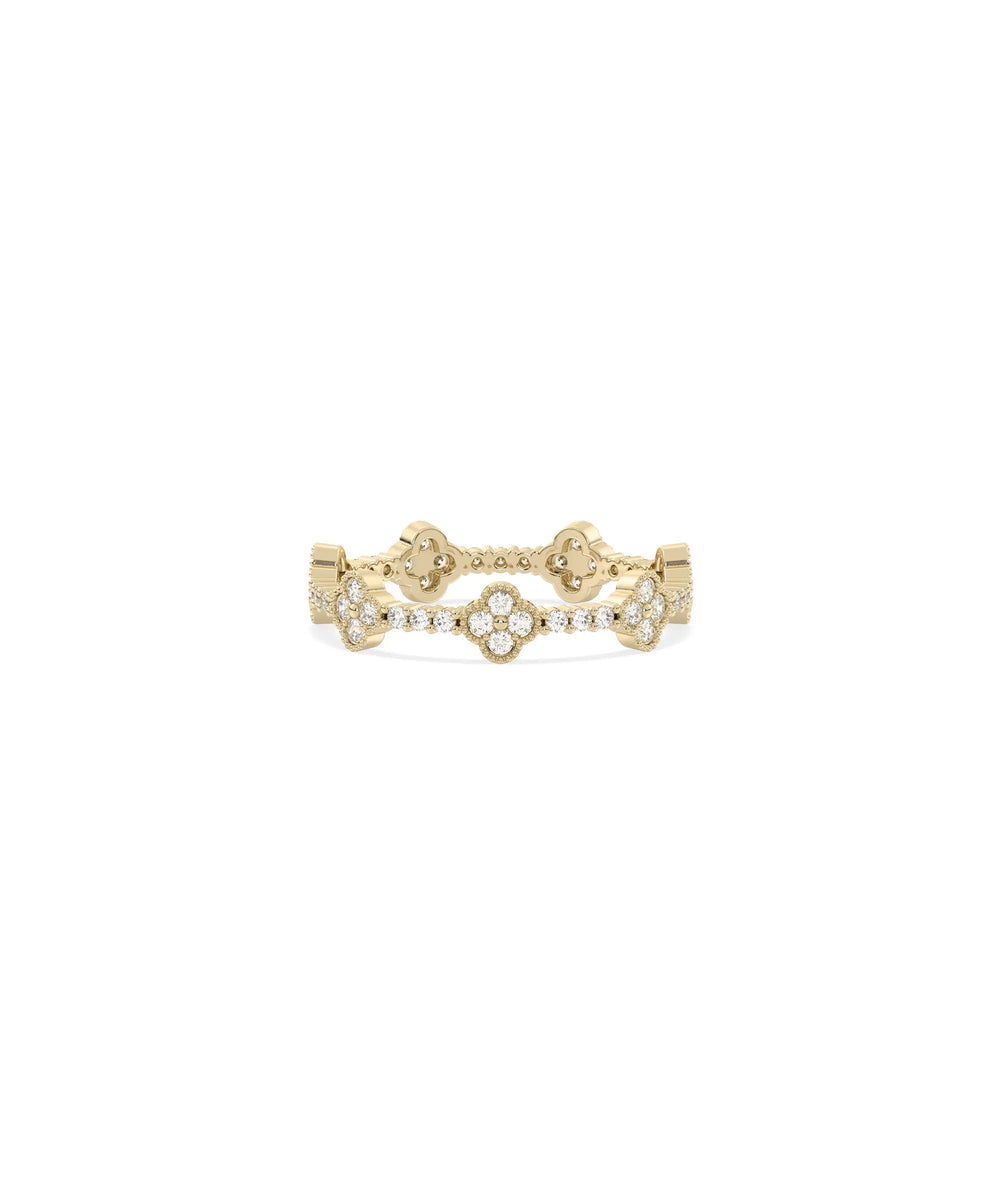Diamond Clover Station Eternity Band Ring in yellow gold with repeating lucky clover motifs