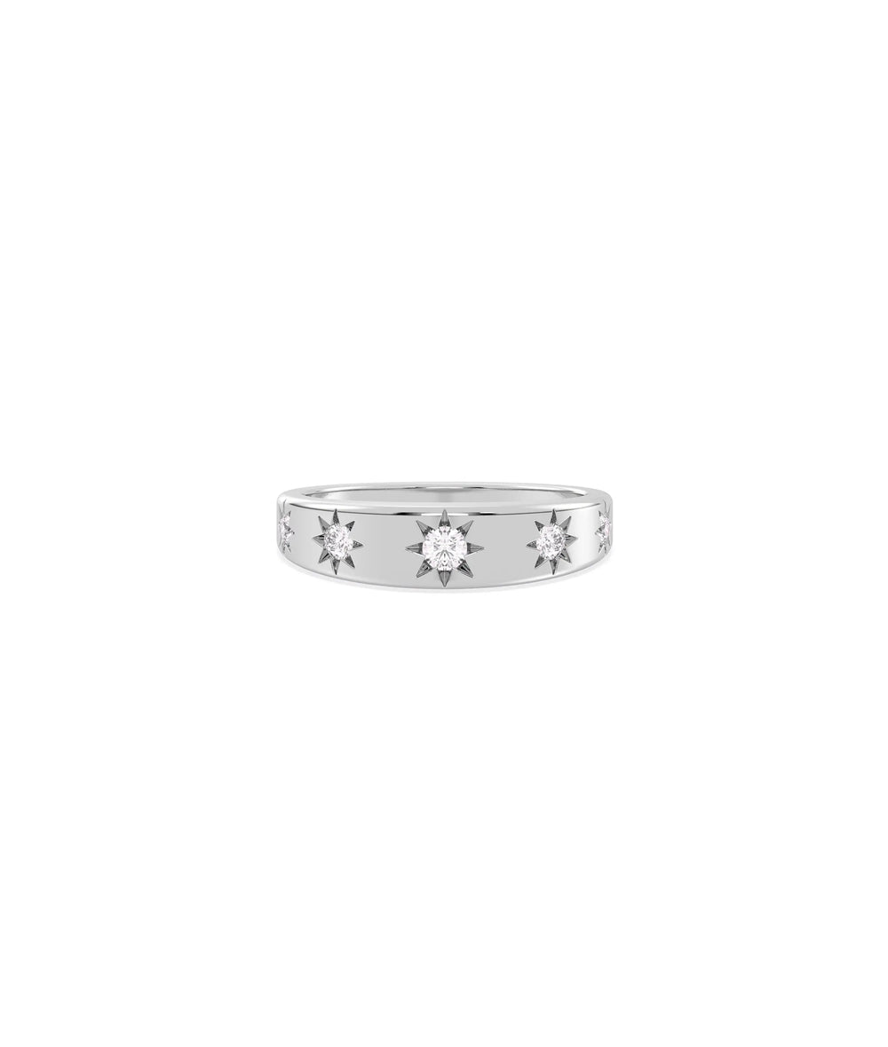 Diamond Starburst Band Ring in white gold featuring cosmic starburst with substantial diamonds