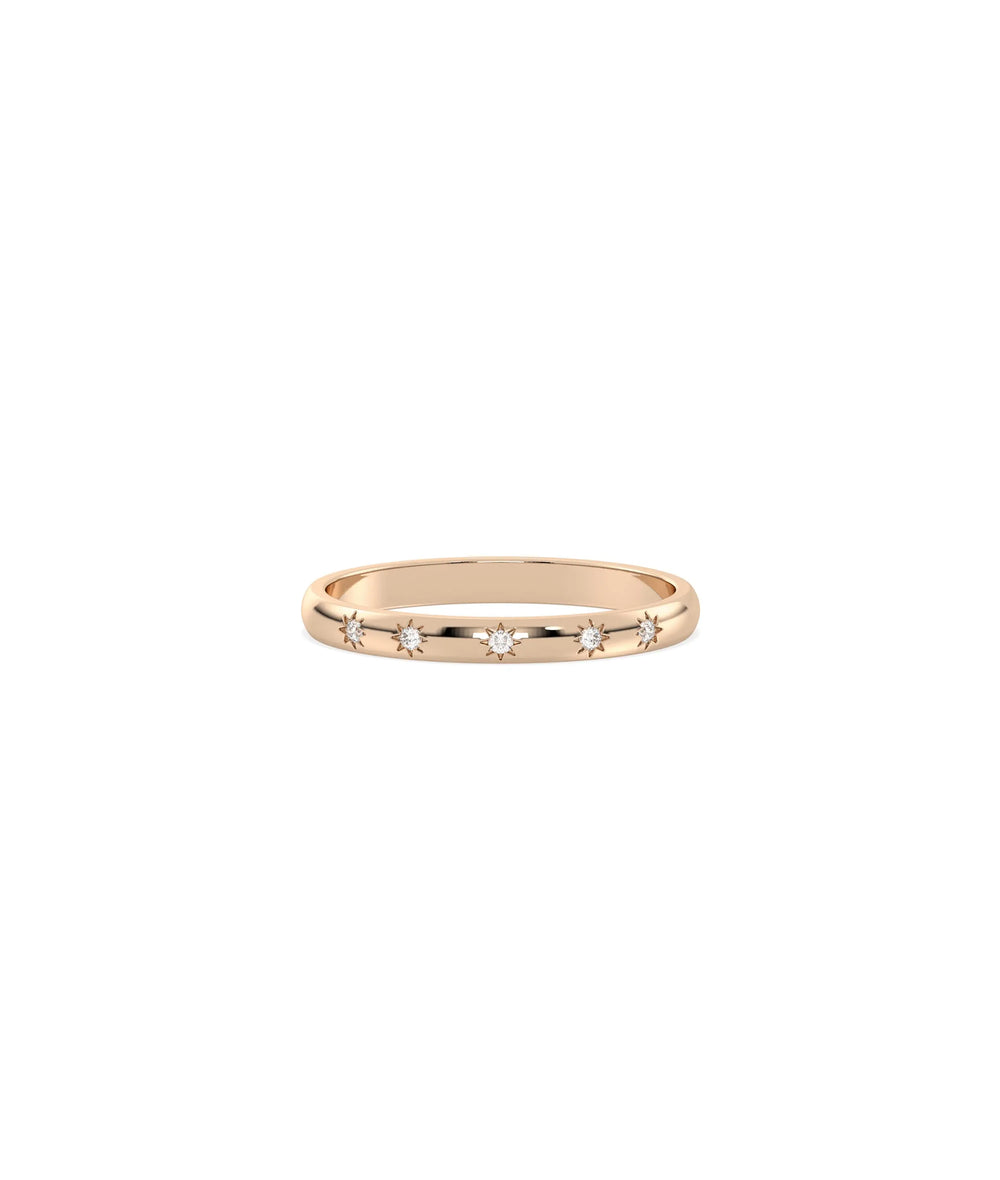 Rose gold Diamond Starburst Band Ring with astronomical-inspired starburst motifs