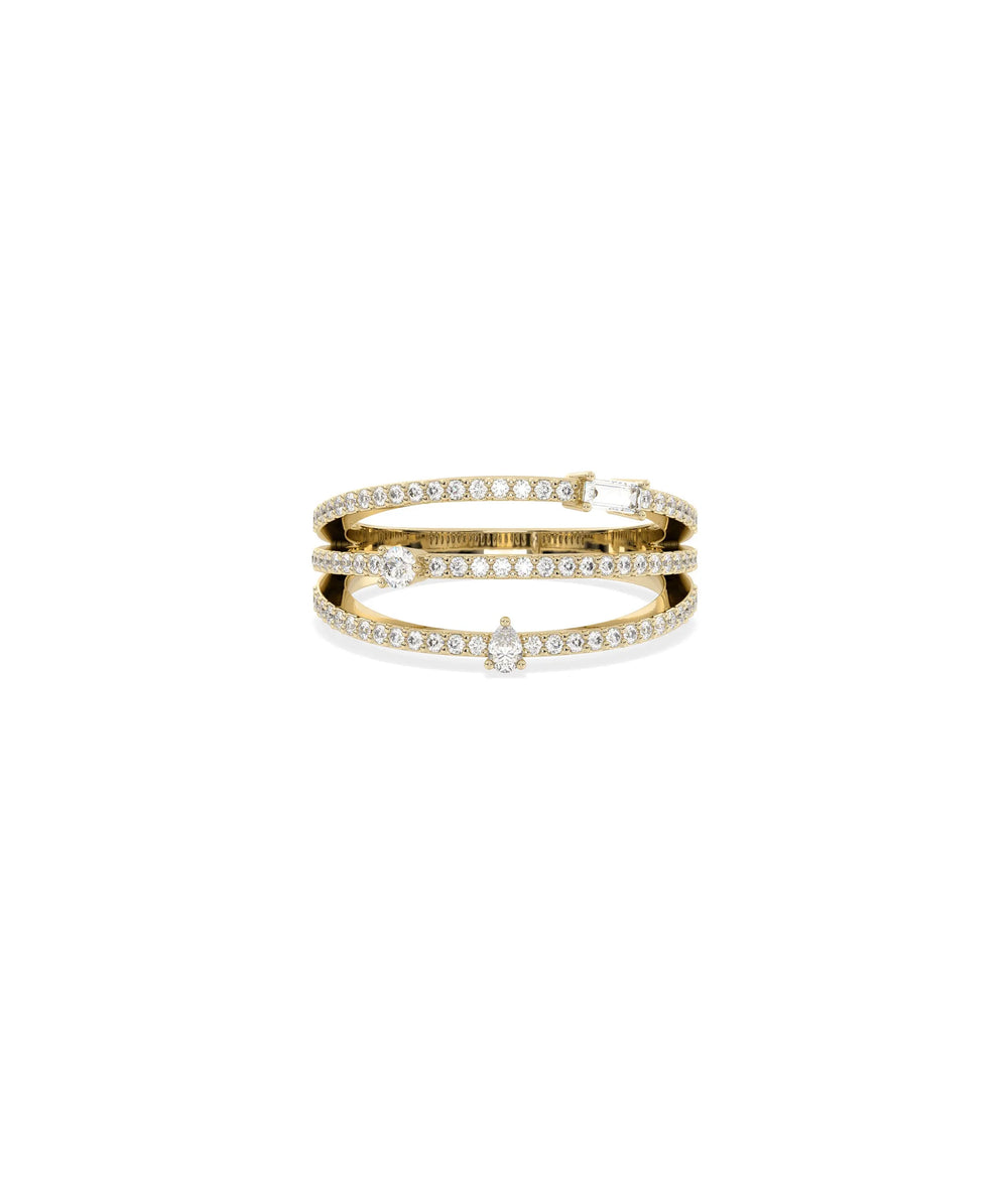 3 Row Diamond Band Ring in yellow gold with three parallel diamond rows