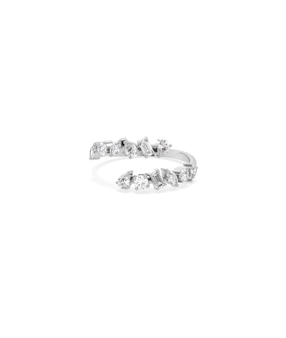 Multi Shape Diamond Bypass Ring in white gold featuring diverse diamond shapes on crossing bands