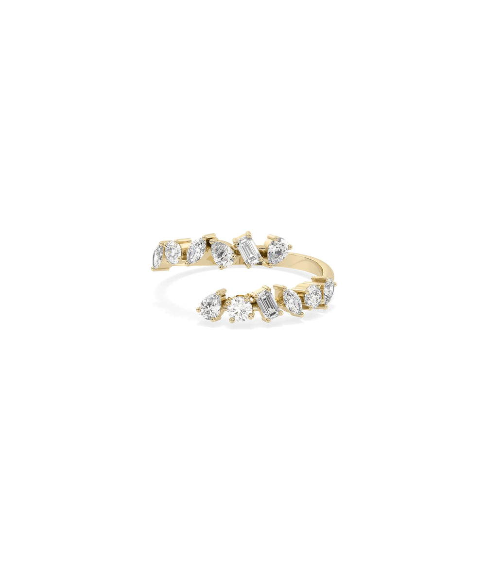 Multi Shape Diamond Bypass Ring in yellow gold with mixed diamond cuts on bypass bands