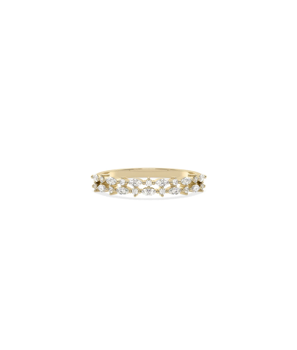 2 Row Diamond Band Ring in yellow gold with round and marquise diamonds