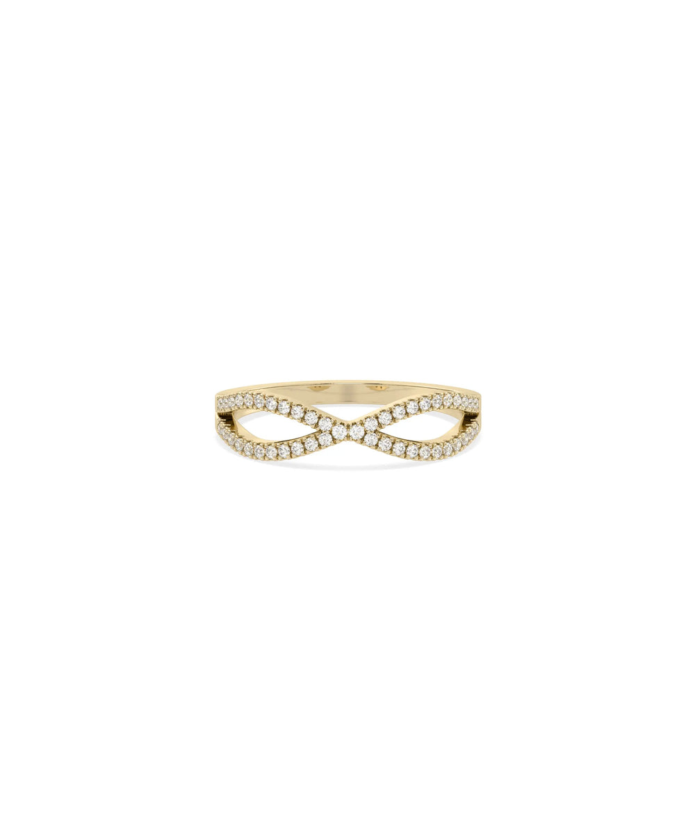 Criss Cross Diamond Ring in yellow gold with X-shaped interlocking diamond bands