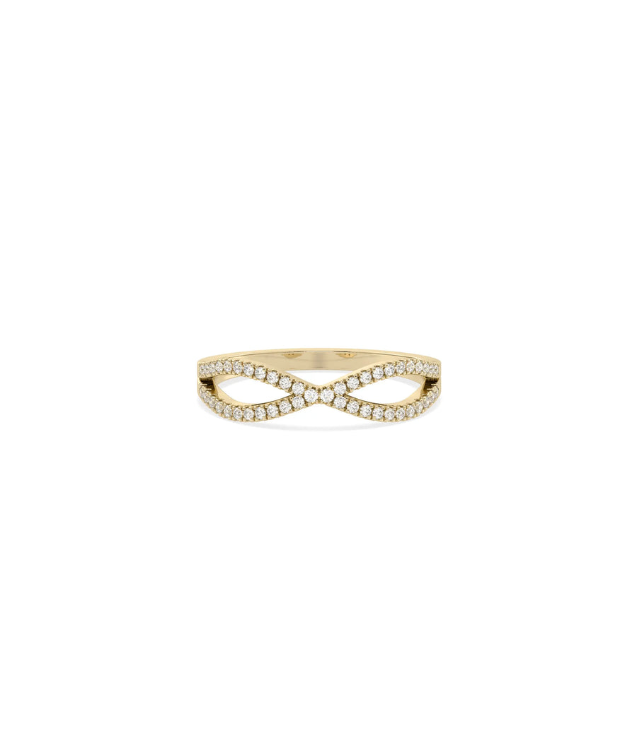 Criss Cross Diamond Ring in yellow gold with X-shaped interlocking diamond bands