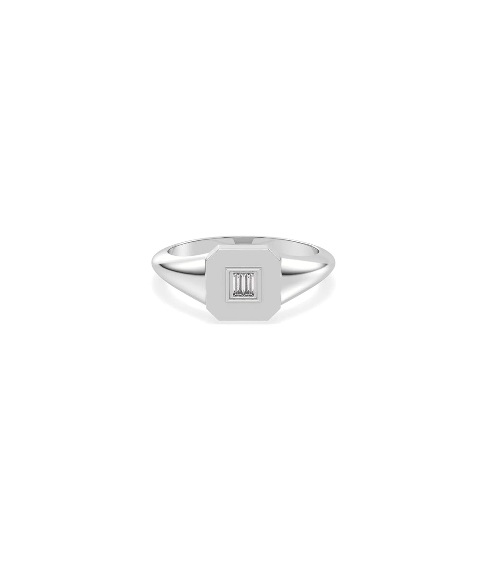 Diamond Baguette Cluster Emerald Shape Signet Ring in white gold with geometric signet face