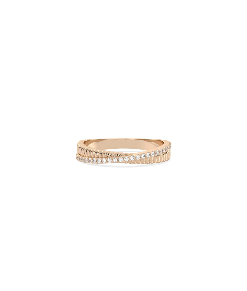Rose gold Diamond Line and Fluted Gold Band Ring featuring textured fluted detailing