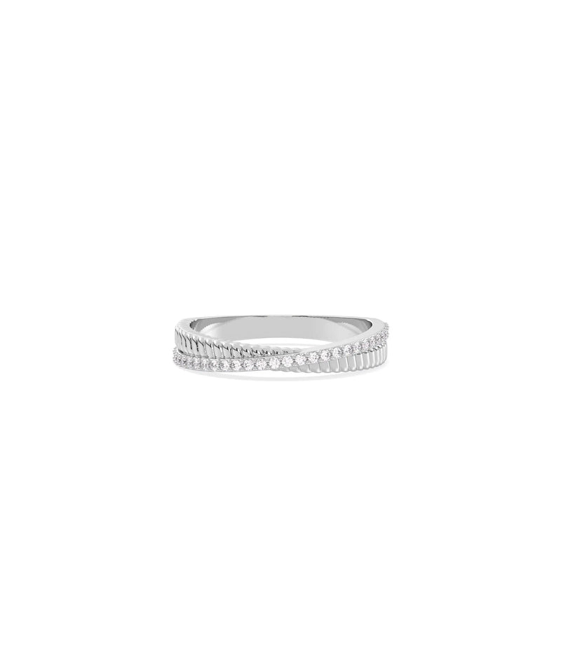 Diamond Line and Fluted Gold Band Ring in white gold with sparkling diamonds and grooves