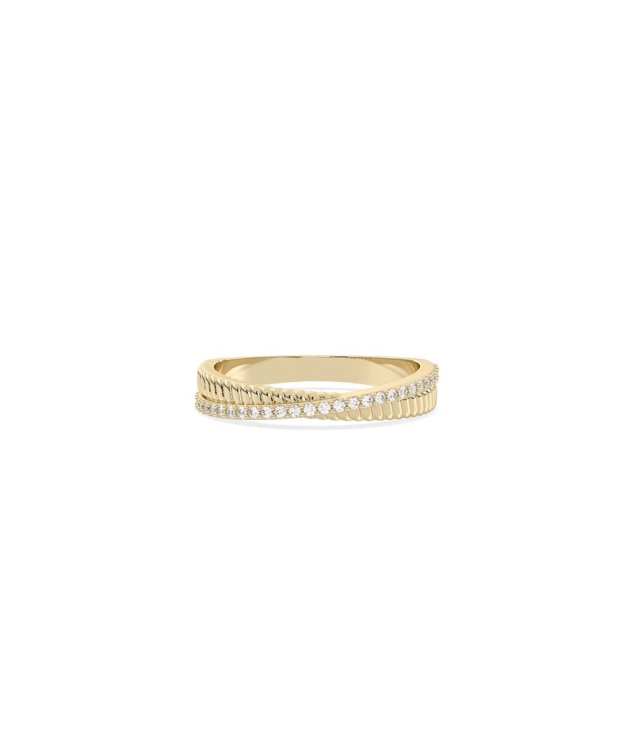 Diamond Line and Fluted Gold Band Ring in yellow gold with diamond row and fluting