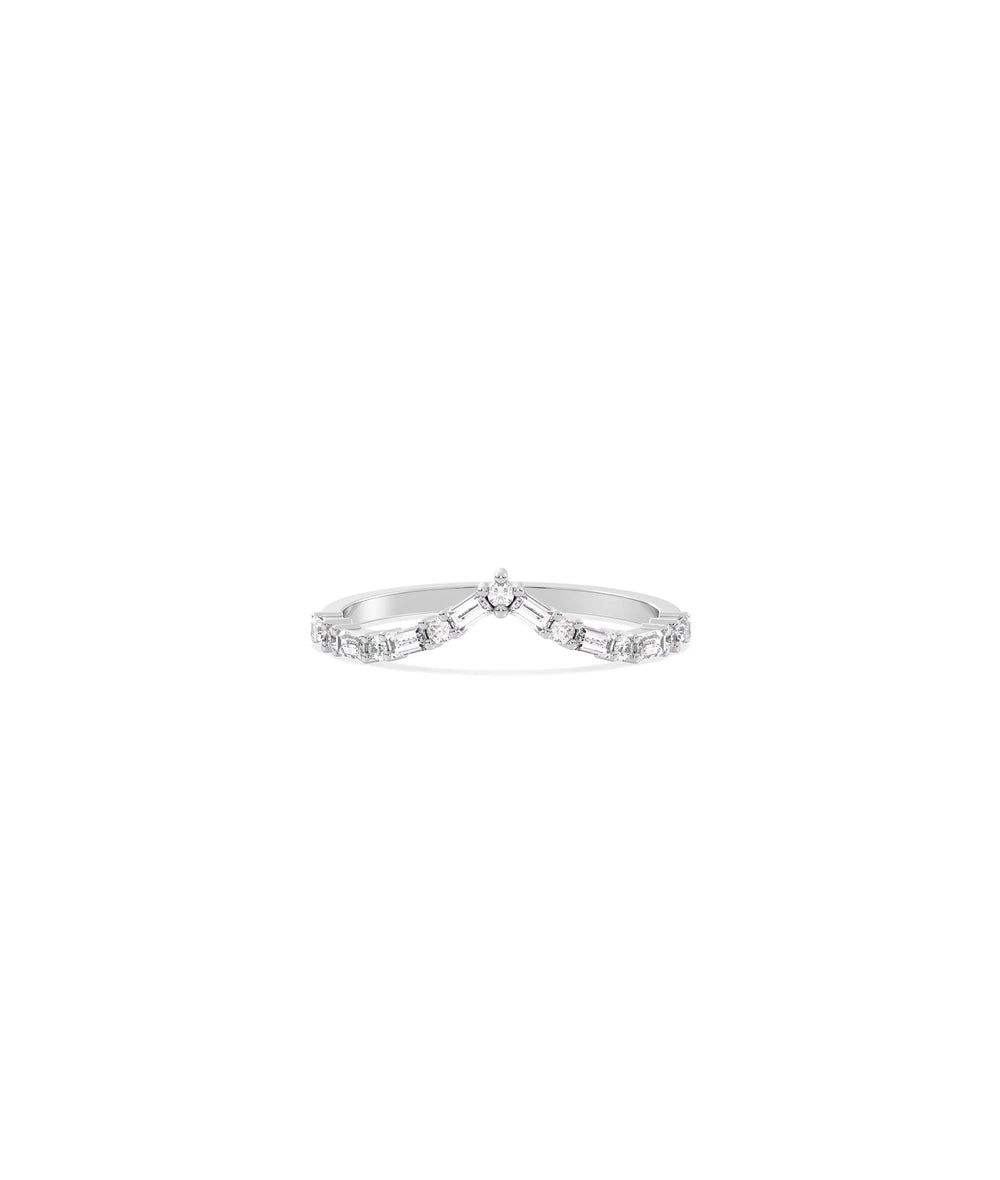 Diamond Baguette and Round Chevron Band Ring in white gold with baguette and round sparkle