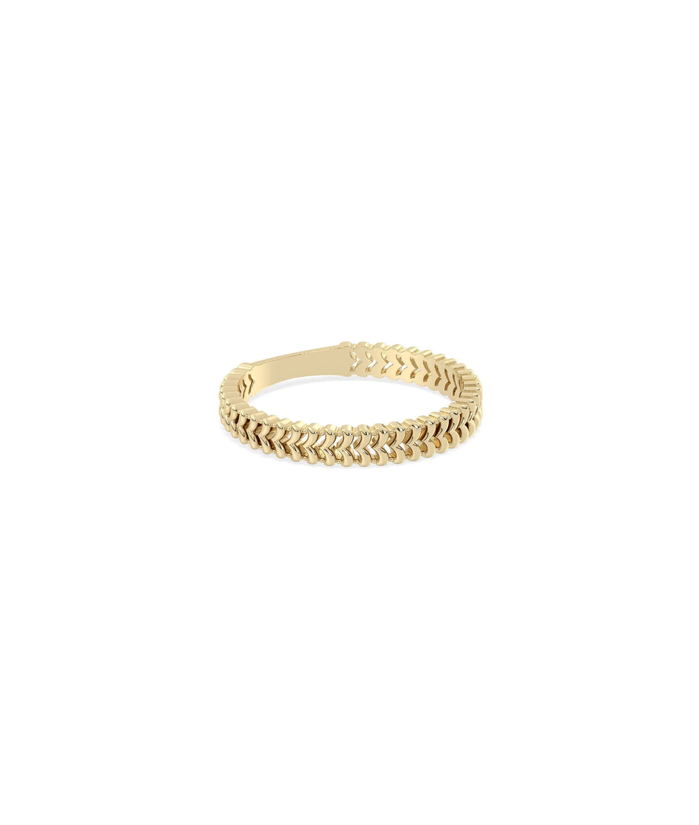 Side view Gold Chevron Band Ring showing delicate 2.4mm width and angular chevron