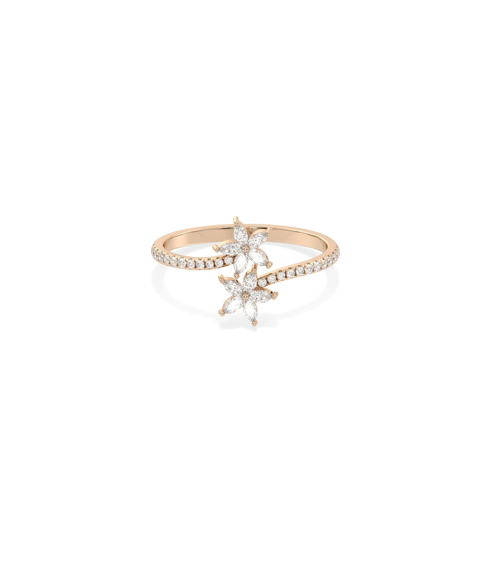 Rose gold Diamond Flower Bypass Ring with romantic floral and diamond sparkle