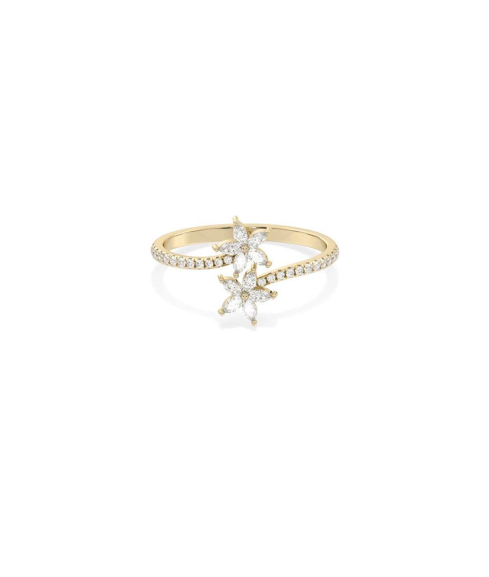 Diamond Flower Bypass Ring in yellow gold with diamond-adorned floral design