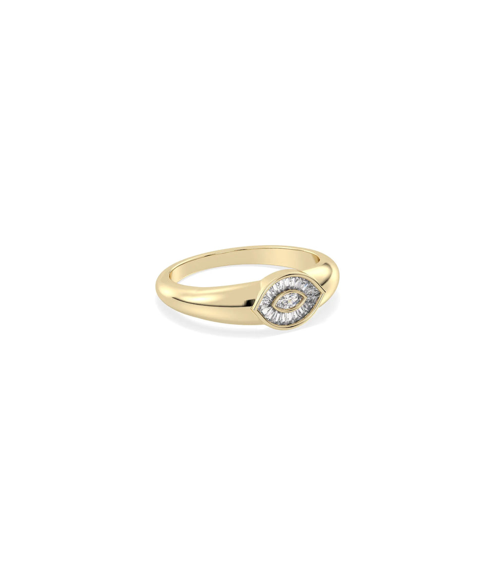 Side view of Diamond Evil Eye Band Ring showing 7.2mm eye length and detail