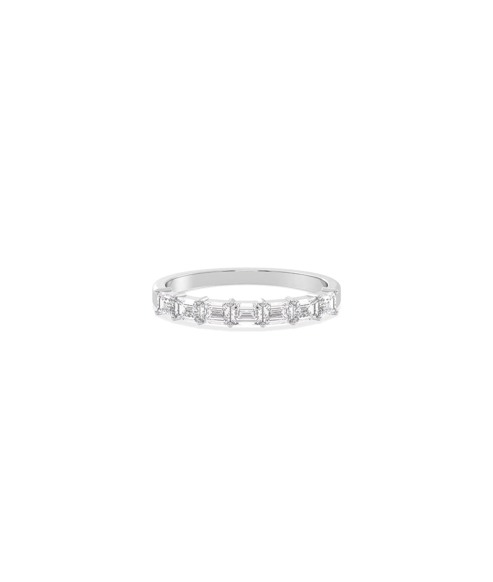 Emerald Cut Diamond Band Ring in white gold featuring Art Deco step-cut stones