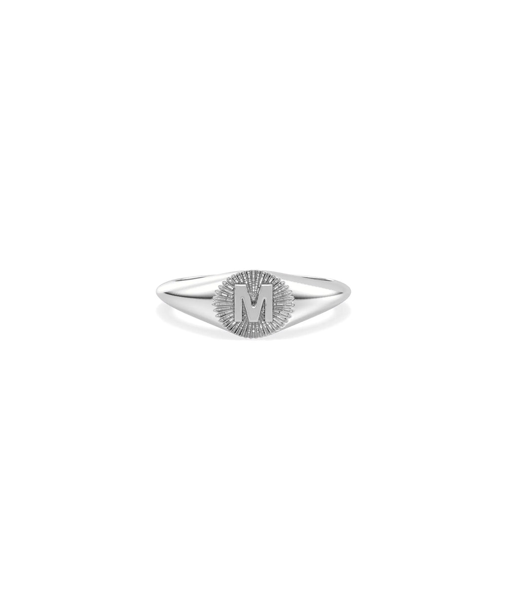 White gold Custom Gold Initial Fluted Circle Signet Ring featuring architectural fluted frame