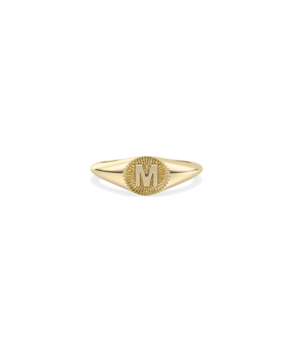 Custom Gold Initial Fluted Circle Signet Ring in yellow gold with personalized initial and fluted border