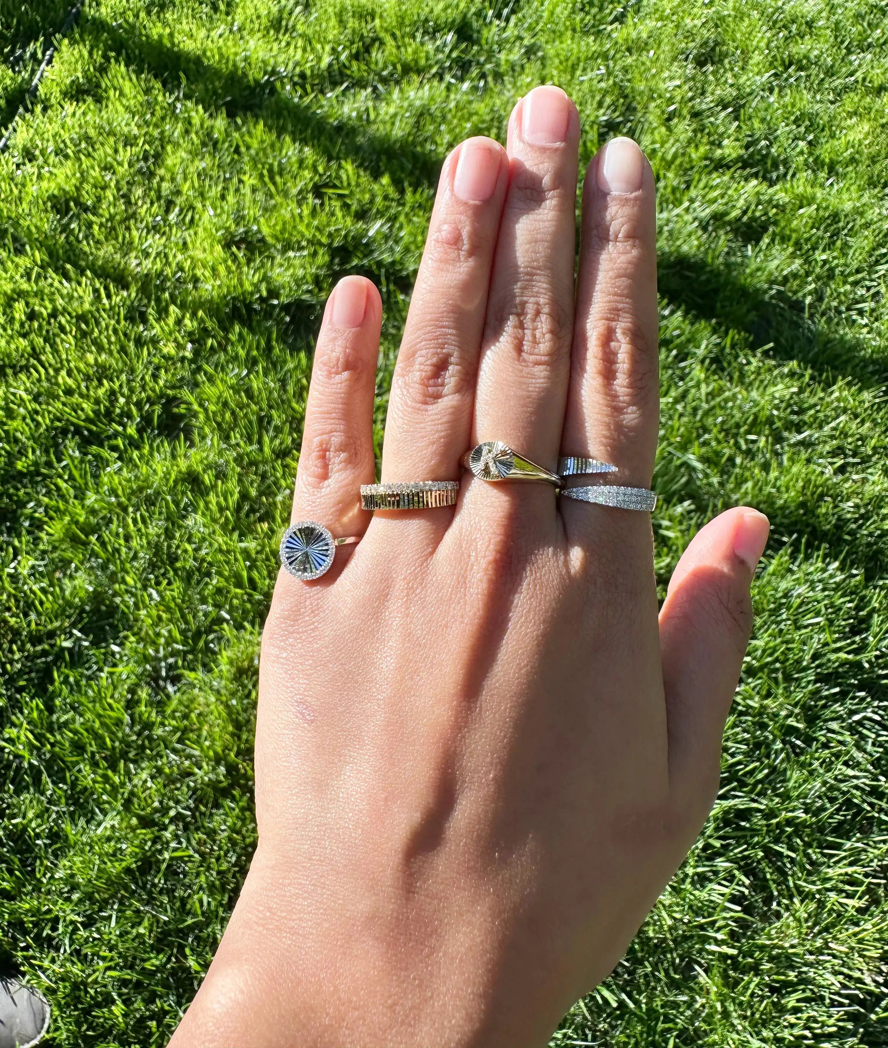 Fluted diamond band ring lifestyle photo displaying versatile sophisticated styling