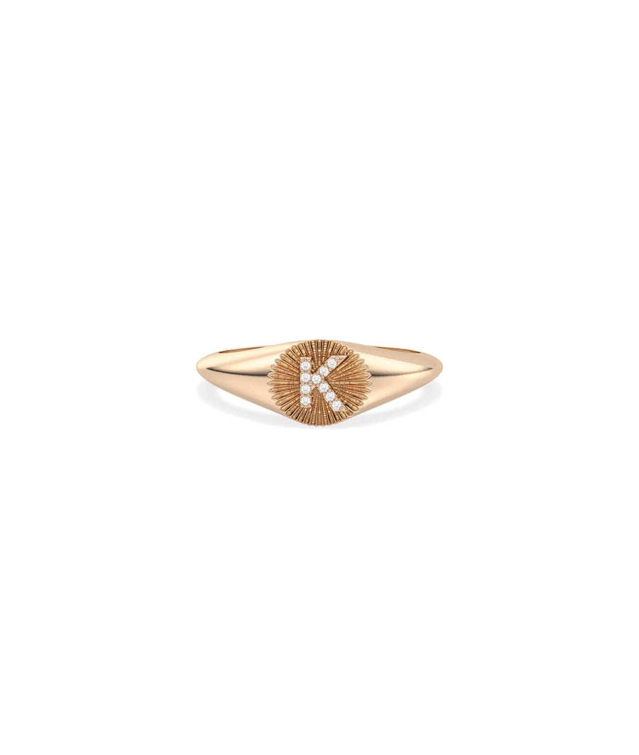 Rose gold Custom Diamond Initial Fluted Circle Signet sparkle
